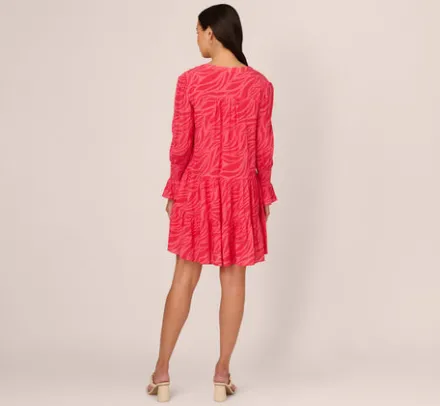 Adrianna Papell Wedding Guest Dresses|Ap Exclusives*Leaf Print Tiered Shift Dress With Long Bell Sleeves In Pink Multi