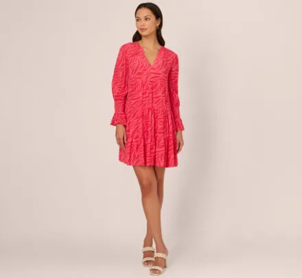Adrianna Papell Wedding Guest Dresses|Ap Exclusives*Leaf Print Tiered Shift Dress With Long Bell Sleeves In Pink Multi