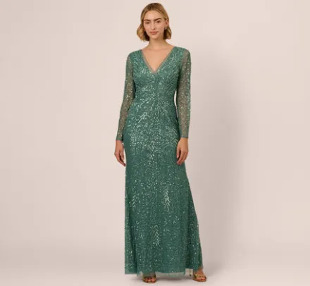 Adrianna Papell Wedding Guest Dresses|Formal Dresses*Long Sleeve Beaded Full Length Dress In Green Slate