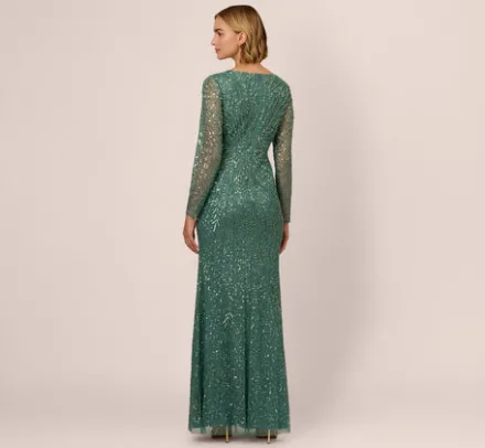 Adrianna Papell Wedding Guest Dresses|Formal Dresses*Long Sleeve Beaded Full Length Dress In Green Slate