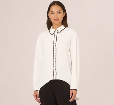 Adrianna Papell Tops & Blouses|Co-Ord Sets*Long Sleeve Button Down Top With Embroidered Details In Ivory Black