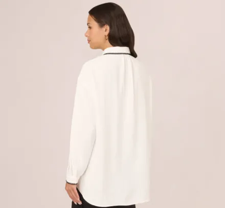 Adrianna Papell Tops & Blouses|Co-Ord Sets*Long Sleeve Button Down Top With Embroidered Details In Ivory Black