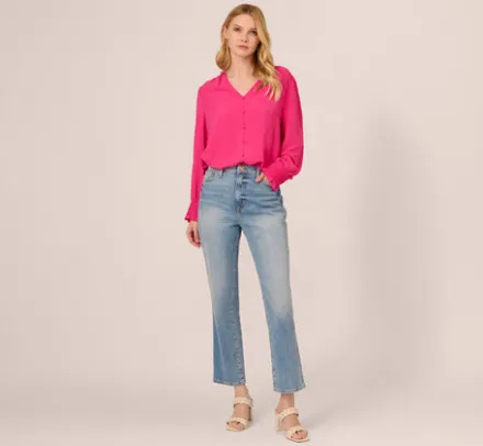 Adrianna Papell Tops & Blouses*Long Sleeve Covered Button Up Top With V Neck In Hot Pink