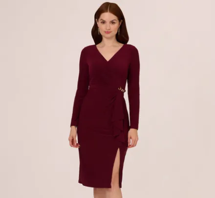 Adrianna Papell Wedding Guest Dresses|Day Dresses*Long Sleeve Draped Jersey Dress With Chain Trim In Blackened Red
