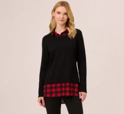 Adrianna Papell Tops & Blouses|Sweaters*Long Sleeve Layered Sweater Top In Black W Red Buffalo Plaid