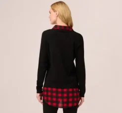 Adrianna Papell Tops & Blouses|Sweaters*Long Sleeve Layered Sweater Top In Black W Red Buffalo Plaid