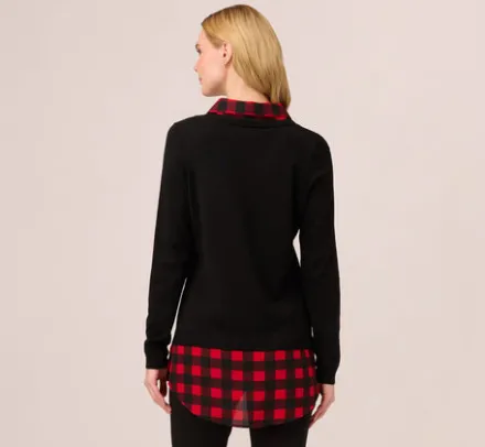 Adrianna Papell Tops & Blouses|Sweaters*Long Sleeve Layered Sweater Top In Black W Red Buffalo Plaid