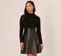 Adrianna Papell Wedding Guest Dresses|Ap Exclusives*Long Sleeve Ponte Knit Dress With Faux Leather Skirt In