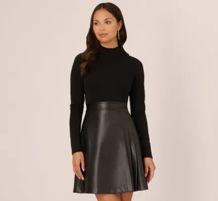 Adrianna Papell Wedding Guest Dresses|Ap Exclusives*Long Sleeve Ponte Knit Dress With Faux Leather Skirt In
