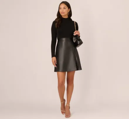 Adrianna Papell Wedding Guest Dresses|Ap Exclusives*Long Sleeve Ponte Knit Dress With Faux Leather Skirt In