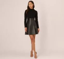 Adrianna Papell Wedding Guest Dresses|Ap Exclusives*Long Sleeve Ponte Knit Dress With Faux Leather Skirt In