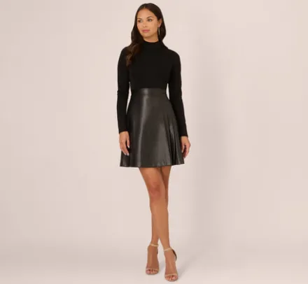 Adrianna Papell Wedding Guest Dresses|Ap Exclusives*Long Sleeve Ponte Knit Dress With Faux Leather Skirt In