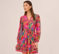 Adrianna Papell Wedding Guest Dresses|Day Dresses*Long Sleeve Retro Printed A Line Dress In Pink Multi