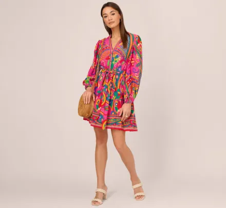 Adrianna Papell Wedding Guest Dresses|Day Dresses*Long Sleeve Retro Printed A Line Dress In Pink Multi