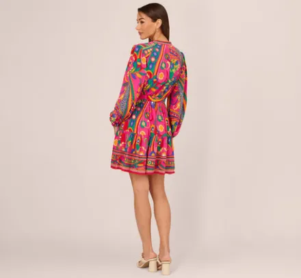 Adrianna Papell Wedding Guest Dresses|Day Dresses*Long Sleeve Retro Printed A Line Dress In Pink Multi