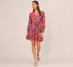 Adrianna Papell Wedding Guest Dresses|Day Dresses*Long Sleeve Retro Printed A Line Dress In Pink Multi