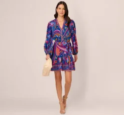 Adrianna Papell Wedding Guest Dresses|Day Dresses*Long Sleeve Retro Printed A Line Dress In Blue Multi