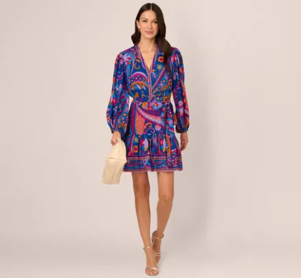Adrianna Papell Wedding Guest Dresses|Day Dresses*Long Sleeve Retro Printed A Line Dress In Blue Multi
