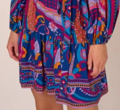 Adrianna Papell Wedding Guest Dresses|Day Dresses*Long Sleeve Retro Printed A Line Dress In Blue Multi