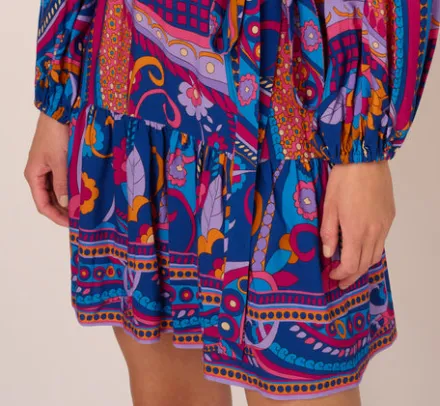 Adrianna Papell Wedding Guest Dresses|Day Dresses*Long Sleeve Retro Printed A Line Dress In Blue Multi