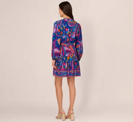 Adrianna Papell Wedding Guest Dresses|Day Dresses*Long Sleeve Retro Printed A Line Dress In Blue Multi