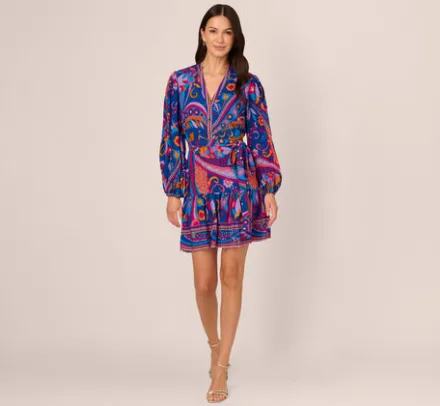 Adrianna Papell Wedding Guest Dresses|Day Dresses*Long Sleeve Retro Printed A Line Dress In Blue Multi