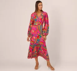 Adrianna Papell Wedding Guest Dresses|Day Dresses*Long Sleeve Retro Printed Midi Dress In Pink Multi