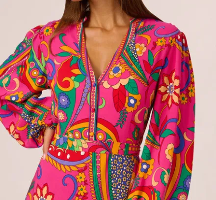 Adrianna Papell Wedding Guest Dresses|Day Dresses*Long Sleeve Retro Printed Midi Dress In Pink Multi