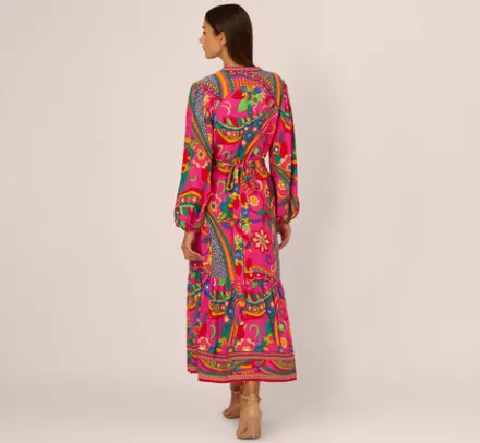 Adrianna Papell Wedding Guest Dresses|Day Dresses*Long Sleeve Retro Printed Midi Dress In Pink Multi