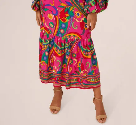 Adrianna Papell Wedding Guest Dresses|Day Dresses*Long Sleeve Retro Printed Midi Dress In Pink Multi