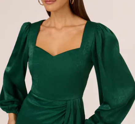 Adrianna Papell Wedding Guest Dresses|Day Dresses*Long Sleeve Satin Dress With Draped Details In Dark Ivy