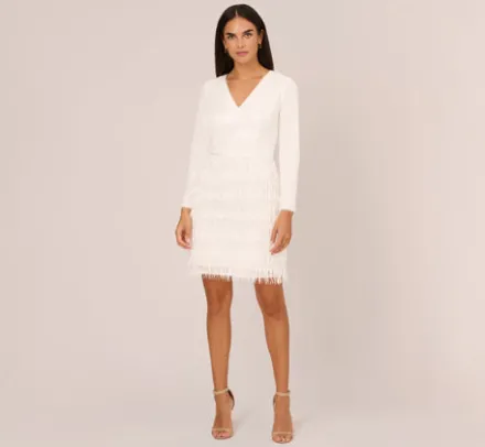 Adrianna Papell Little White Dresses*Long Sleeve Sequin Fringe Cocktail Dress In