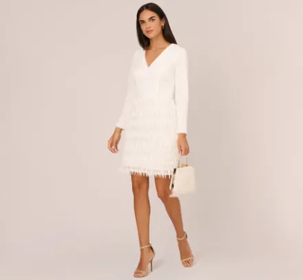 Adrianna Papell Little White Dresses*Long Sleeve Sequin Fringe Cocktail Dress In