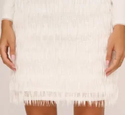Adrianna Papell Little White Dresses*Long Sleeve Sequin Fringe Cocktail Dress In