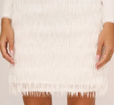 Adrianna Papell Little White Dresses*Long Sleeve Sequin Fringe Cocktail Dress In