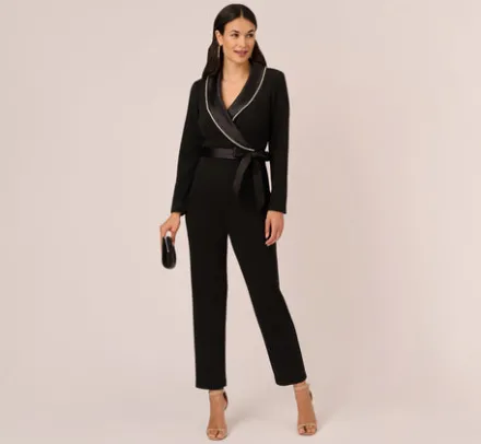 Adrianna Papell Jumpsuits*Long Sleeve Tuxedo Jumpsuit With Crystal Trim In