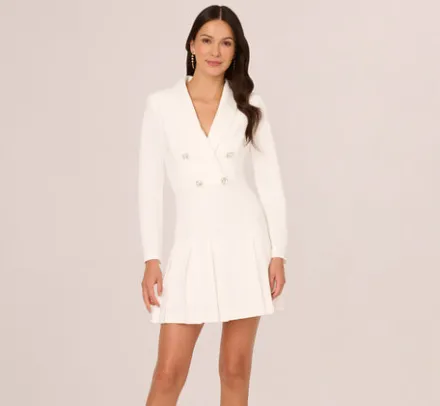 Adrianna Papell Day Dresses|Little White Dresses*Long Sleeve Tuxedo Mini Dress With Crystal Button Accents In