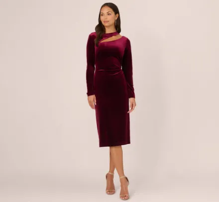 Adrianna Papell Wedding Guest Dresses|Ap Exclusives*Long Sleeve Velvet Dress With Asymmetric Cutout Neckline In