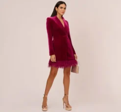 Adrianna Papell Wedding Guest Dresses*Long Sleeve Velvet Tuxedo Dress With Feather Hem In