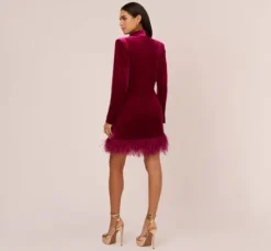 Adrianna Papell Wedding Guest Dresses*Long Sleeve Velvet Tuxedo Dress With Feather Hem In