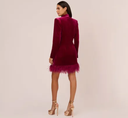 Adrianna Papell Wedding Guest Dresses*Long Sleeve Velvet Tuxedo Dress With Feather Hem In