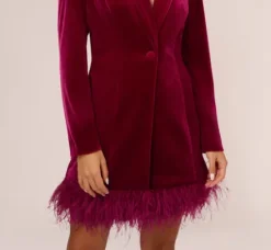 Adrianna Papell Wedding Guest Dresses*Long Sleeve Velvet Tuxedo Dress With Feather Hem In