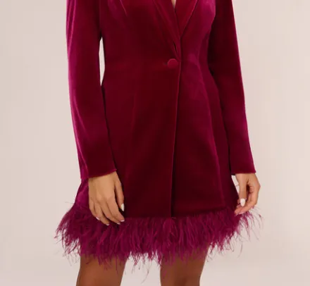 Adrianna Papell Wedding Guest Dresses*Long Sleeve Velvet Tuxedo Dress With Feather Hem In