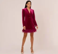 Adrianna Papell Wedding Guest Dresses*Long Sleeve Velvet Tuxedo Dress With Feather Hem In