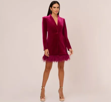 Adrianna Papell Wedding Guest Dresses*Long Sleeve Velvet Tuxedo Dress With Feather Hem In
