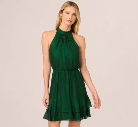 Adrianna Papell Wedding Guest Dresses|Day Dresses*Metallic Blouson Halter Dress In Emerald Green