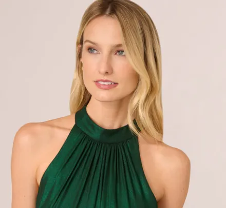 Adrianna Papell Wedding Guest Dresses|Day Dresses*Metallic Blouson Halter Dress In Emerald Green