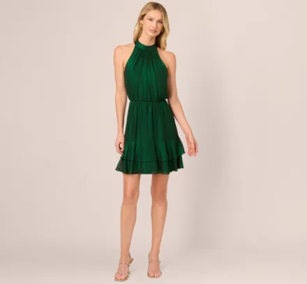 Adrianna Papell Wedding Guest Dresses|Day Dresses*Metallic Blouson Halter Dress In Emerald Green
