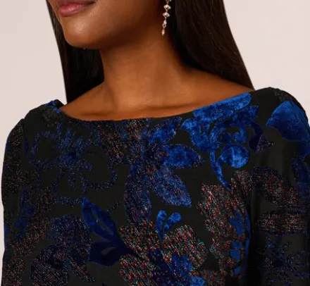 Adrianna Papell Wedding Guest Dresses|Day Dresses*Metallic Burnout Velvet Dress With Shirred Details In Black Blue