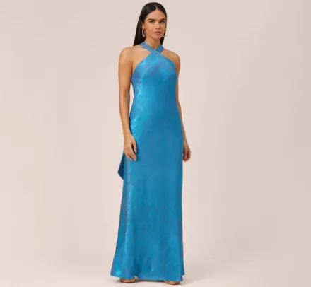 Adrianna Papell Wedding Guest Dresses|Formal Dresses*Metallic Chiffon Halter Gown In Ocean Dream